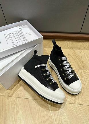 Жіночі високі чорні кеди dior walk'n'dior платформа текстиль oblique кросівки діор на платформі