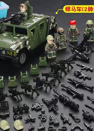 Военный автомобиль зеленый камуфляж с турелью и 6 фигурками солдат, оружие и броня для лего lego