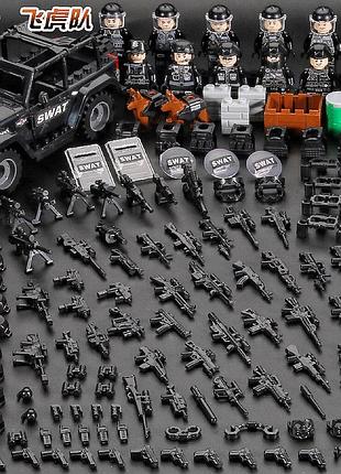 Набор фигурок swat 10 шт с черным внедорожником и мотоциклом, оружие и щиты, для лего lego