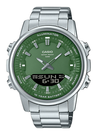 Мужские часы casio amw-880d-3a стальной браслет зелёный циферблат