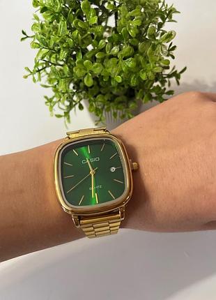 Мужские часы casio quartz gold/green — кварцевый, золотой корпус, зеленый циферблат, классический стиль