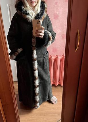 Дублянка жіноча натуральна довга з капюшоном та хутром норки, розмір 48-50