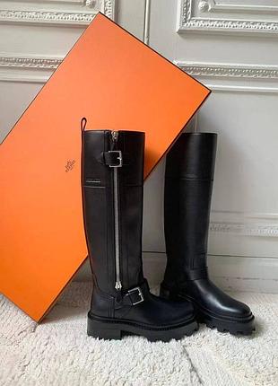 Чоботи черевики hermes на змійці грубі високі чорні на платформі