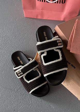 Miu women's miu crochet knit slides brown