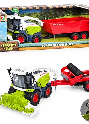 Игрушечный комбайн farm world 40 см с прицепом, инерционный, свет и звук, подвижные детали