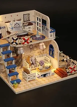 3d румбокс diy house blue coast домик у моря с led подсветкой интерьерный конструктор деревянный с мебелью m032 dollhouse