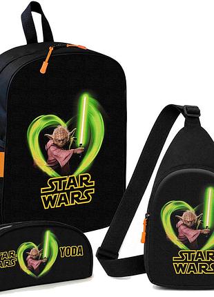 Набір йода star wars 3 в 1: дитячий рюкзак + сумка-слінг + пенал, для хлопчика та дівчинки 7–9 років (6091)