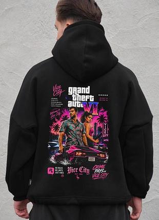 Чоловіче оверсайз худі толстовка на флісі з капюшоном та принтом without gta black