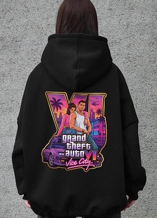 Жіноче оверсайз худі толстовка на флісі з капюшоном та принтом without vice city black