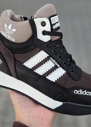 Шкіряні черевики з хутром adidas brown white black качественные ботинки на зиму из натуральной кожи на замке коричневые