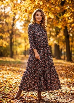 Красива сукня міді у дрібний осінній квітковий принт від бренду papaya🖤🤎