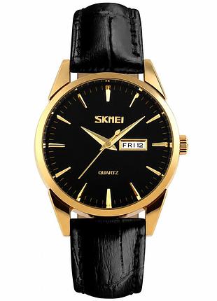 Жіночий годинник skmei gold-black кварцовий з шкіряним ремінцем для щоденного носіння та стильного образу