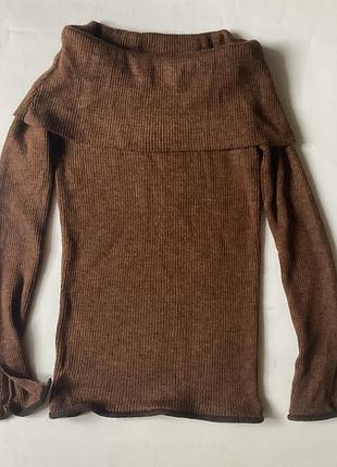 Жіночий светр zara knit коричневий трикотажний з об'ємним коміром-хомутом