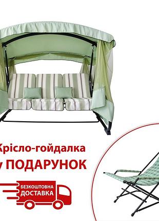 Гойдалка садова 4-місна розкладна вітан сімейна до 300 кг, зелена смужка, з москітною сіткою, тканина дралон + крісло-гойдалка у