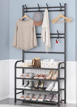 Железная вешалка для одежды + подставка для обуви, 2 в одном, 4 полки "multi-functional shoe and hat rack" черная