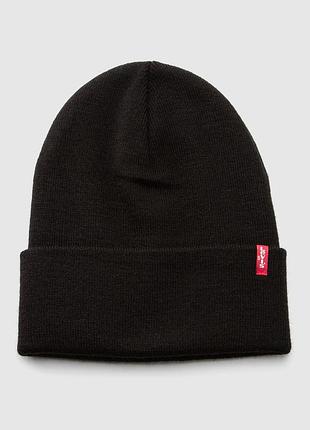 Вязанная шапка levi’s slouchy beanie 771380889 - черная с отворотом. оригинал.