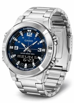 Чоловічий годинник casio amw-870da-2a1 зі сталевим браслетом синім циферблатом будильником і календарем