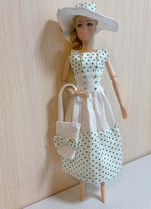 Одяг для ляльки дівчинка barbie ретро наряд білий в зелений горошок