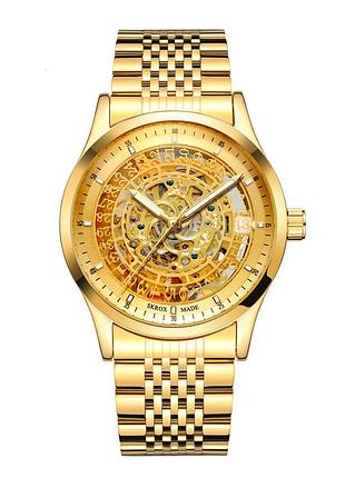 Часы skrox 7049 gold механические с автоподзаводом для мужчин из нержавеющей стали золотистые