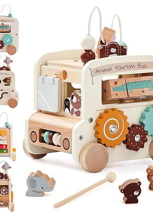 Деревянный развивающий куб 9 в 1 oessuf activity cube игрушка-автобус для развития моторики детей от 1 года, бизикуб