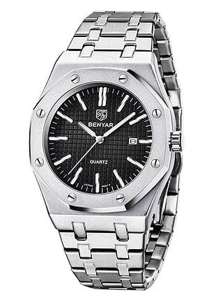 Часовник benyar by-5156 silver-black мужской кварцевый с черным циферблатом и металлическим браслетом