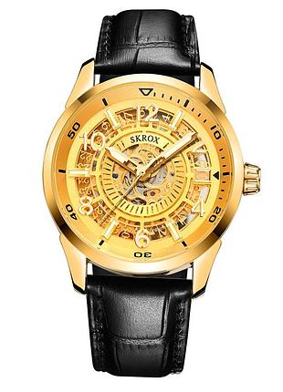 Годинник skrox 7021 gold чоловічий механічний з автопідзаводом чорний з золотистим ремінцем класичний