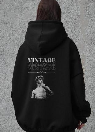 Жіноче оверсайз худі толстовка на флісі з капюшоном та принтом without vintage black