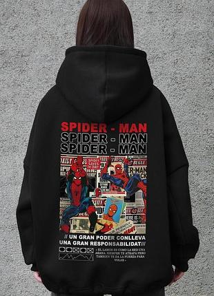 Женское оверсайз худи толстовка на флисе с капюшоном та принтом without spider-man black