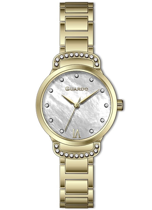 Женские часы guardo premium 012799-2 золотистый корпус с кристаллами стальной браслет белый перламутровый циферблат