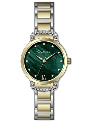 Жіночий годинник guardo premium 012799-3 двоколірний корпус з кристалами сталевий браслет смарагдовий перламутровий циферблат