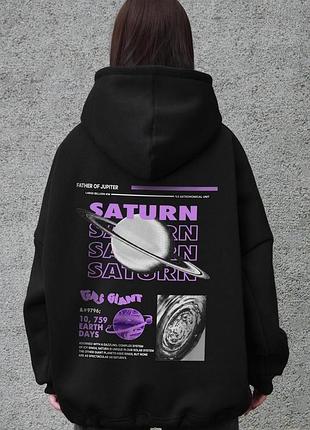 Женское оверсайз худи толстовка на флисе с капюшоном та принтом without saturn black