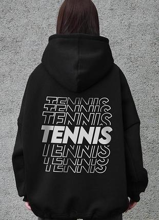 Женское оверсайз худи толстовка на флисе с капюшоном та принтом without tennis black