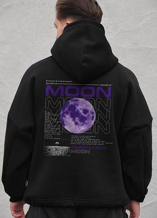 Чоловіче оверсайз худі толстовка на флісі з капюшоном та принтом without moon black