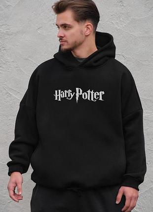 Чоловіче оверсайз худі толстовка на флісі з капюшоном та принтом without harry potter black