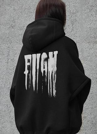 Жіноче оверсайз худі толстовка на флісі з капюшоном та принтом without fight black