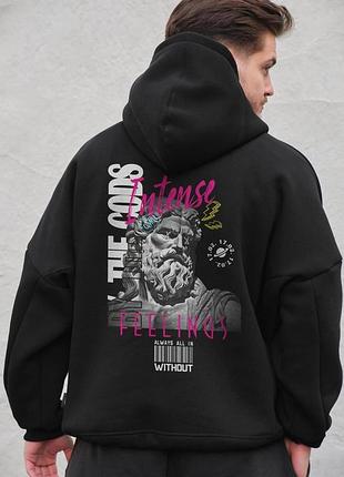 Чоловіче оверсайз худі толстовка на флісі з капюшоном та принтом without feelings black