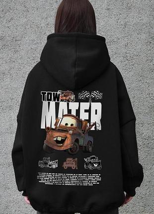 Жіноче оверсайз худі толстовка на флісі з капюшоном та принтом without tow mater black