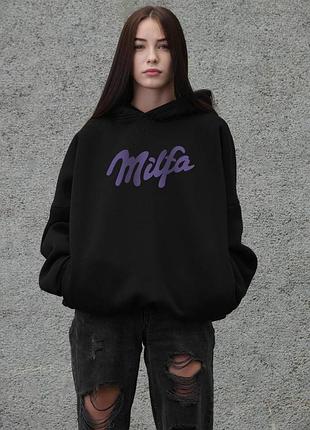 Жіноче оверсайз худі толстовка на флісі з капюшоном та принтом without milfa black