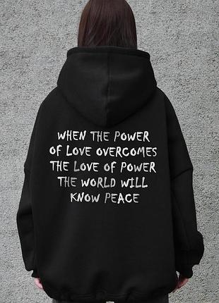 Жіноче оверсайз худі толстовка на флісі з капюшоном та принтом without power peace black