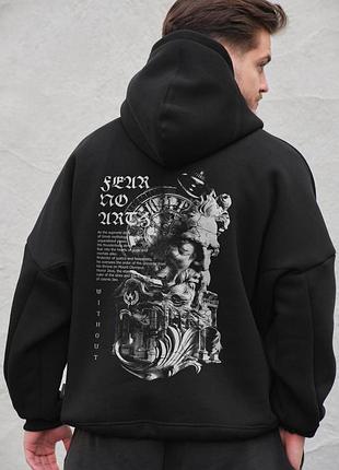 Чоловіче оверсайз худі толстовка на флісі з капюшоном та принтом without greek black