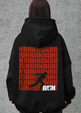 Жіноче оверсайз худі толстовка на флісі з капюшоном та принтом without run black