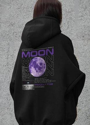 Жіноче оверсайз худі толстовка на флісі з капюшоном та принтом without moon black