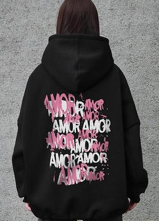 Жіноче оверсайз худі толстовка на флісі з капюшоном та принтом without amor black