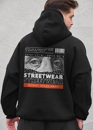 Чоловіче оверсайз худі толстовка на флісі з капюшоном та принтом without streetwear black