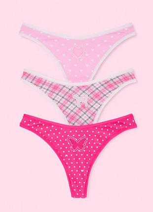 Набір бавовняних трусів стрінгів victoria's secret pink x elle, розмір m, 3 шт. оригінал