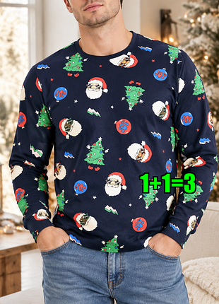 🤩1+1=3* мужской синий новогодний свитер лонгслив primark, размер 46 - 48