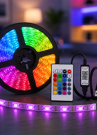 Гнучка світлодіодна стрічка rgb usb 15м / стрічка на usb на монітор, меблі + пульт / led стрічка від павербанку