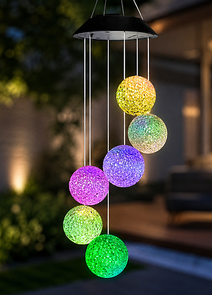 Садова підвісна лампа з 6 led кулями multi / лампа на сонячній батареї / декоративні ліхтарики музика вітру