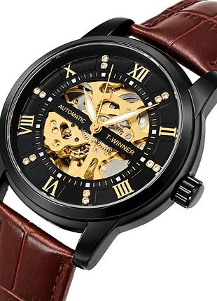 Мужские механические часы winner triumph leather brown skeleton с автоподзаводом, 2 ремешка