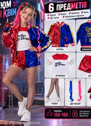 Детский костюм харли квинн для хэллоуина (harley quinn)-комплект(куртка, шорты, футболка, перчатка, колготки) 130